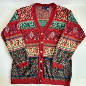 Vintage Lizsport Cardigan Sweater Womens‎ Large Red Paisley USA Made 90s